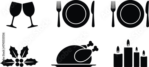Festive dining icons vector silhouette celebration