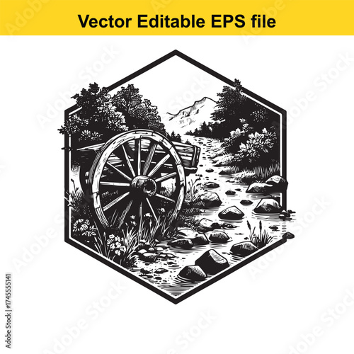 Vector art of old wooden cart wheel on a rocky path in a forest landscape