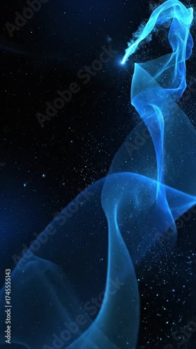 輝く青い流れるリボンと星の粒子が暗い空間に