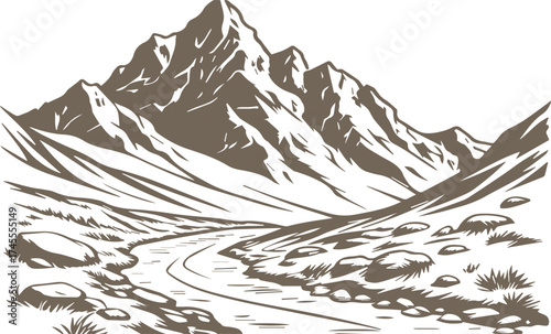 Mountain Range Landscape with River Illustration Vector Graphic Design Element