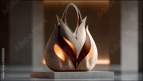 Futuristic luxury handbag with elegant sculptural design and soft glowing light, modern fashion accessory displayed on pedestal in minimal interior, high-end designer bag concept
