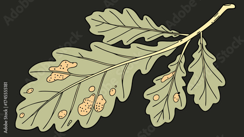 Leaf affected by fungal infection isolated on a dark greenery background.  Signs of plant blight and powdery mildew visible on the surface.
