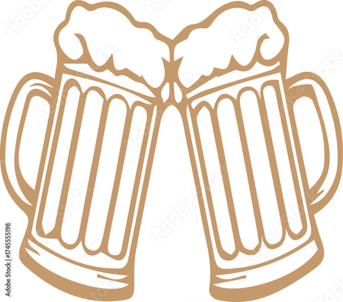 Two beer mugs toasting each other in a simple flat design