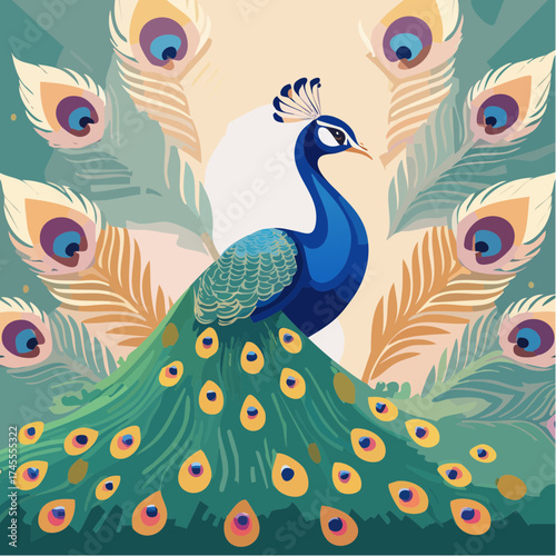 Colorful peacock feathers display with vibrant plumage