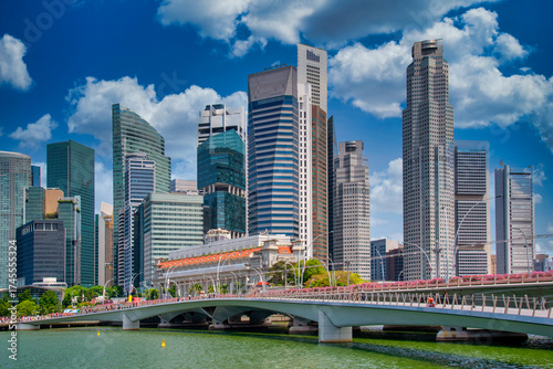 Photography Singapore Skyline and view of skyscrapers on Marina Bay at daytime