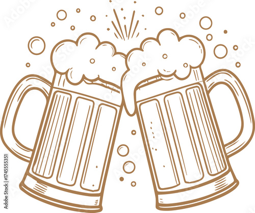 Two beer mugs toasting with foam and bubbles illustration isolated