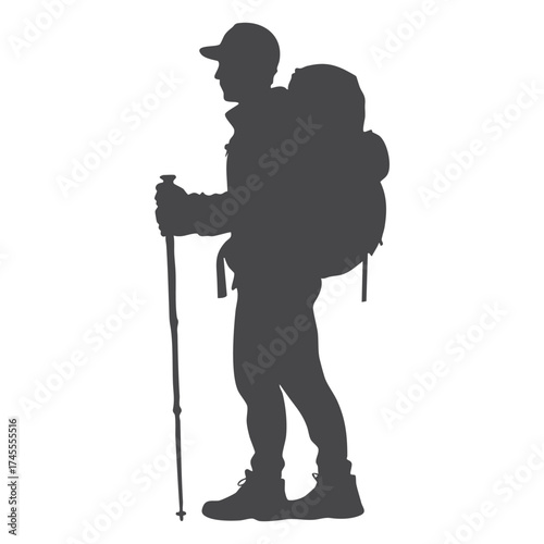 Silhouette of a hiker with a backpack and trekking poles
