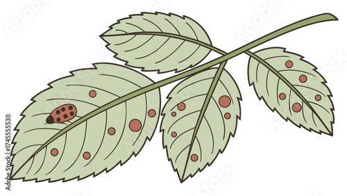 Leaf affected by fungal infection isolated on a white greenery background.  Signs of plant blight and powdery mildew visible on the surface.