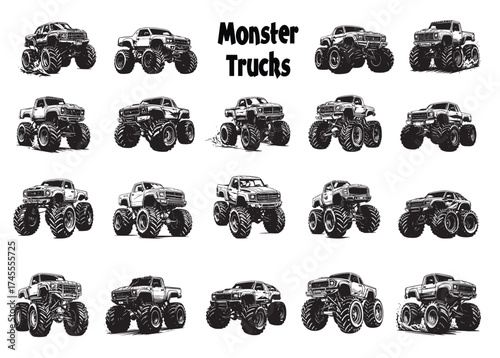 Massive black and white set of monster trucks with huge tires in various dynamic views. Vector illustration.