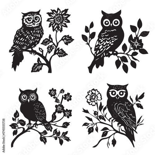 A stylized collection of owl and flower silhouettes on branches, excellent for nature, forest, and stencil tattoo designs.