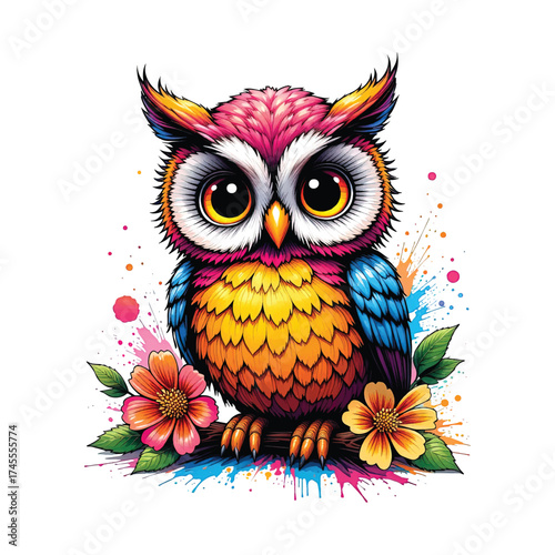 Vector of adorable, large-eyed owl in bright, vibrant colors with paint splatters, perched on a branch with colorful flowers.