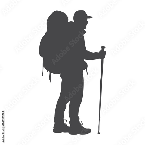 Man with backpack and trekking pole silhouette