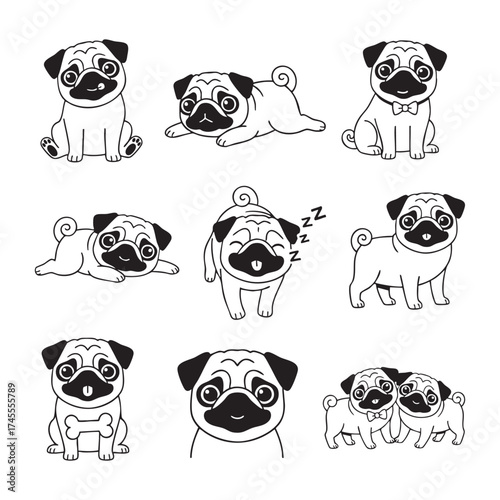 Adorable set of cartoon pug dogs in various cute poses, perfect for pet lovers, children's designs, and dog-themed projects.