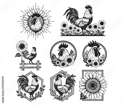 A collection of rooster and sunflower designs, featuring farm life and nature themes in circular, hexagonal, and rectangular frames.