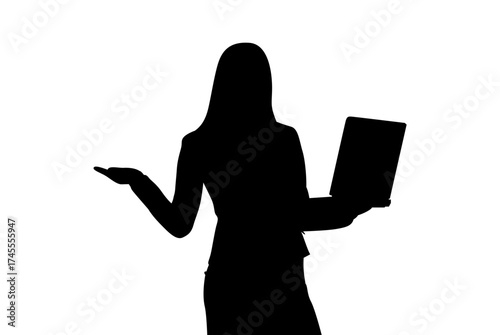 Silhouette of a business woman holding a laptop and gesturing with her hand