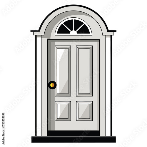 Classic white double door with arched transom window