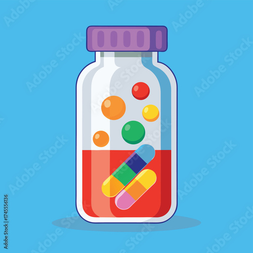 Colorful pills and capsules in a medicine bottle with red liquid
