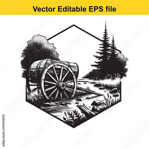 Vector art of barrel on a cart wheel by a stream in a forest setting