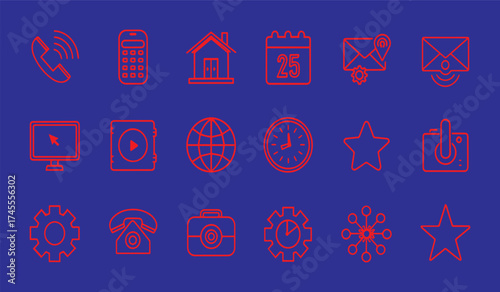 Set of Simple Outline Icons Related to Communication and Technology