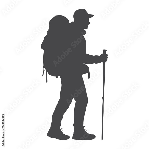 Man hiking with backpack and trekking pole silhouette