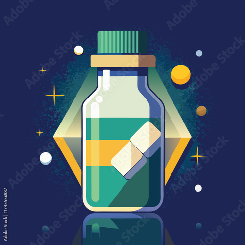 Stylized medicine bottle with bandage and abstract background