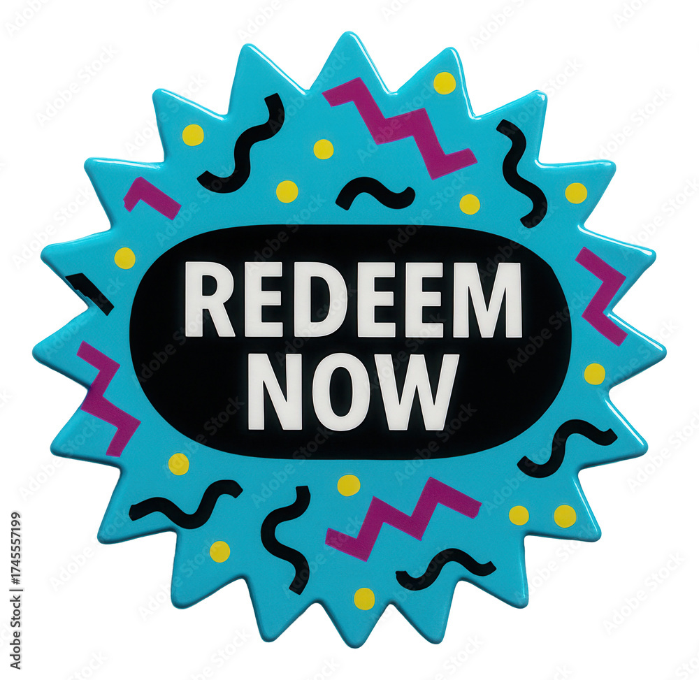 Fototapeta premium Colorful burst sticker with REDEEM NOW discount in bold text, vibrant retail promo offer on transparent background.