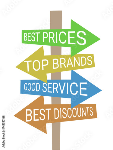 Multi-colored direction signs for best prices, top brands, discounts, good service, retail marketing vector, shopping choice illustration