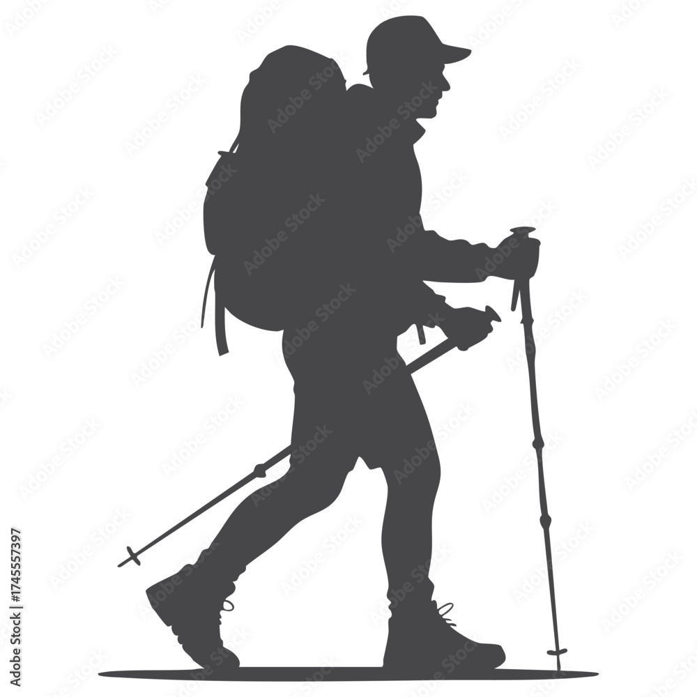 Fototapeta premium Silhouette of a hiker with a backpack and trekking poles walking