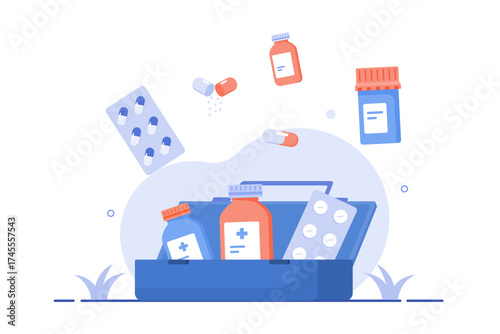 Illustration of an open first aid kit filled with medicine bottles and blister packs, with additional pills and bottles floating above, symbolizing medical supplies or active treatment.