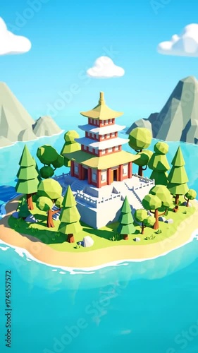 青い海と空の島にある赤い屋根の寺院