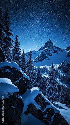雪山と星空の美しい夜景