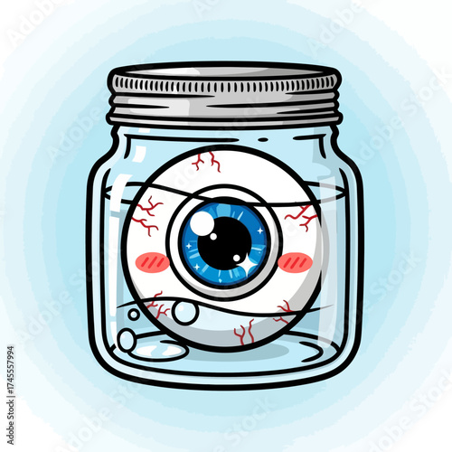 Cartoon Eyeball in a Jar with Kawaii Style.