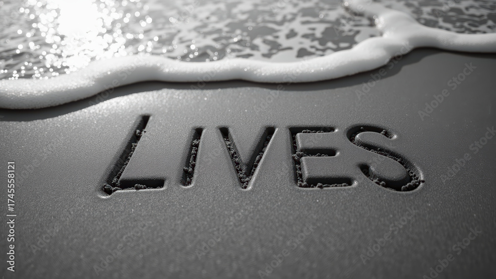 Obraz premium Sand writing with word LIVES near ocean waves creates serene and reflective atmosphere