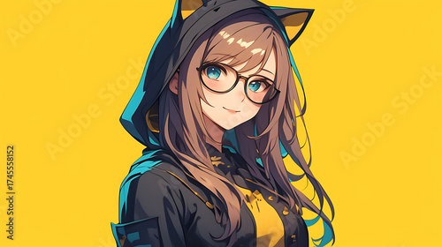 Cartoon girl in hooded cloak cat ears costume, witch, anime style
