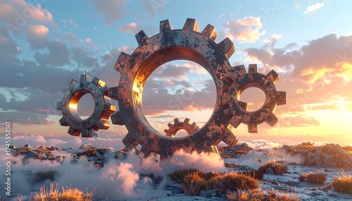 Rusty gears interlock on a landscape at sunrise