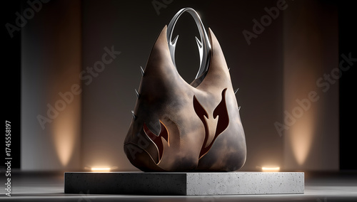 Futuristic spiked leather handbag with sculptural design and dark metallic handle, modern fashion accessory with gothic and avant-garde style, luxury designer bag on pedestal with dramatic lighting
