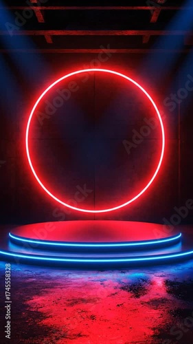 赤い円と青いネオンのプラットフォームステージ