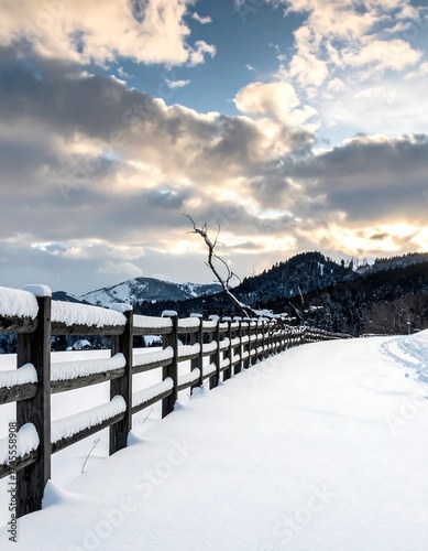 Snow-covered fence and road with cloudy sky