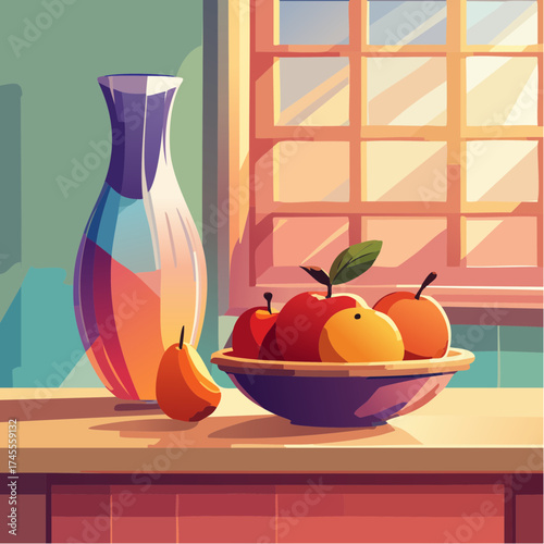 Still life with fruit, vase, and window