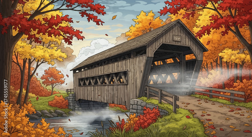 Charming Old Wooden Covered Bridge in a Rural Landscape.