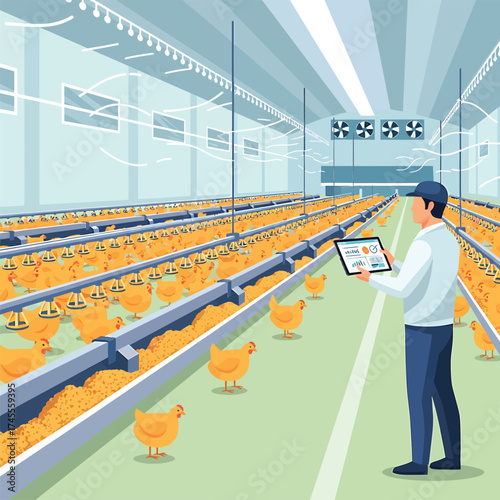Illustration of a poultry farmer using a digital tablet to control an automated chicken house environment