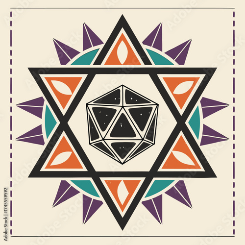 Colorful geometric mandala featuring overlapping triangles and polygon shapes creating a sacred abstract pattern on a vintage background