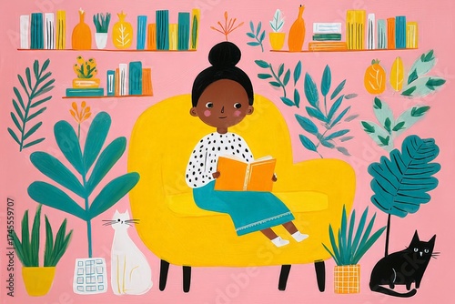 African child reading on yellow chair surrounded by plants and cats in colorful room