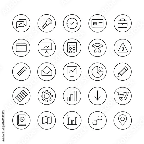 Set of round business and communication outline icons including charts, messages, tools, and office elements in clean, minimal vector style