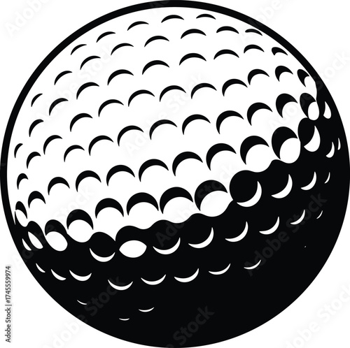 Golf ball illustration, black and white vector, dimple texture design, sports equipment sketch, minimalist style, symbolic athletic concept