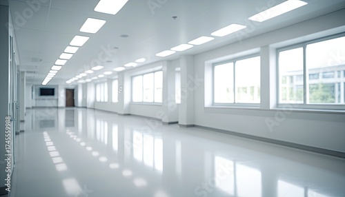 Wallpaper Mural Bright, empty white hallway with windows, reflective floor, and overhead lights Torontodigital.ca