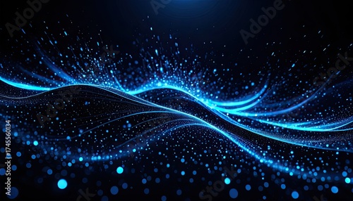Abstract blue energy flow with shimmering particles and dynamic waves