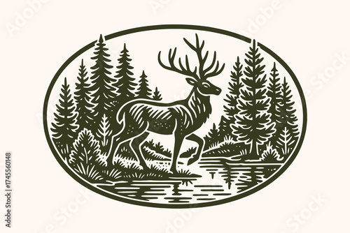 Deer in forest by lake vintage engraving style vector illustration