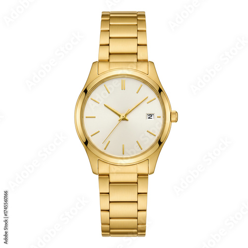 Luxury golden wristwatch with blank face on transparent background