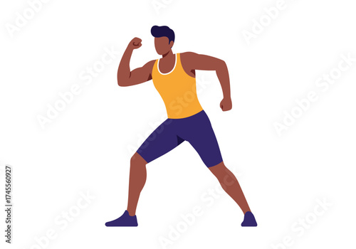Athletic Man Posing with Raised Arm and Bent Knee Wearing Sportswear.